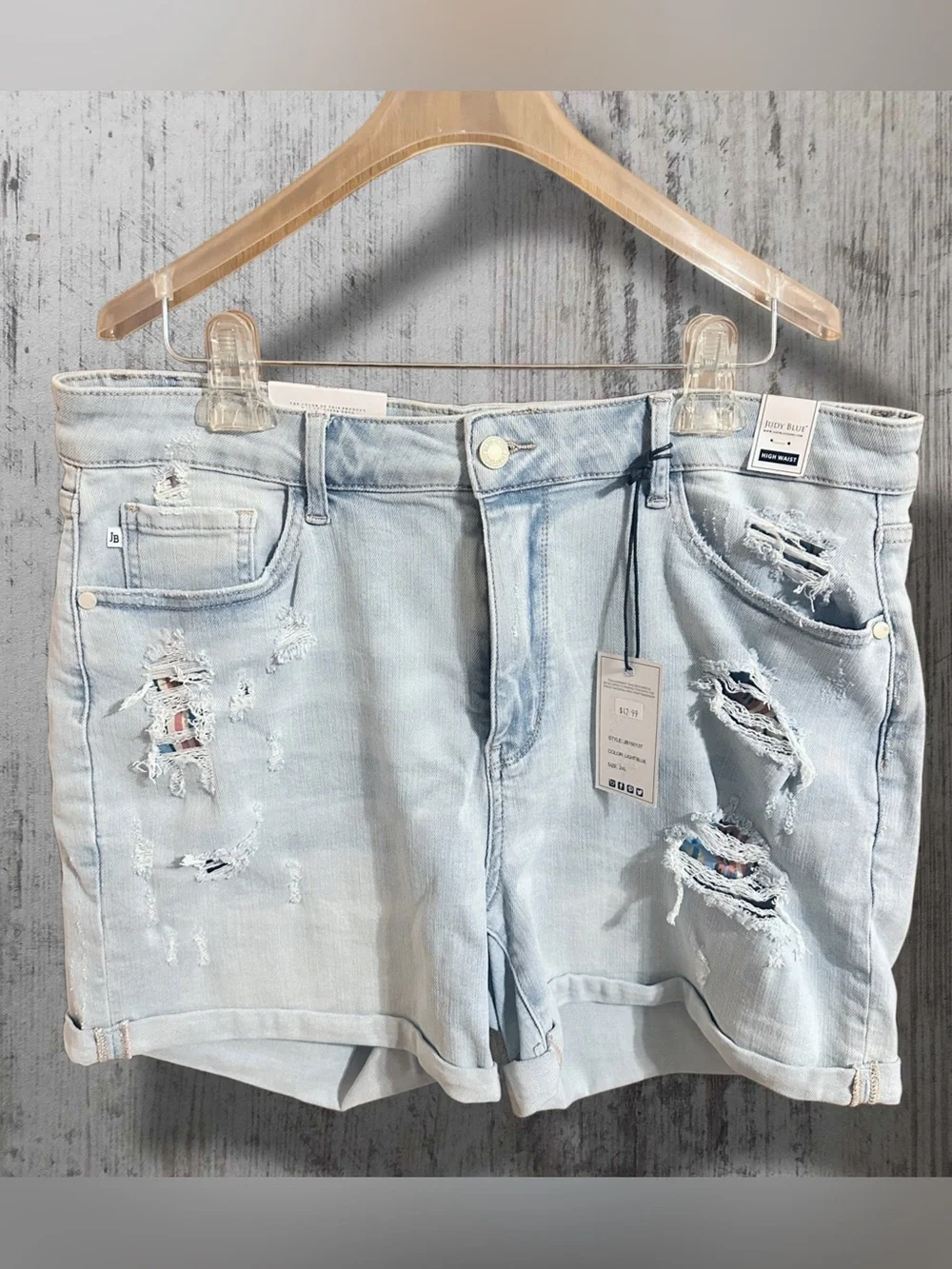 NWT Judy Blue Aztec Serape Patch Distressed Cuffed High Rise Denim Shorts 2XL